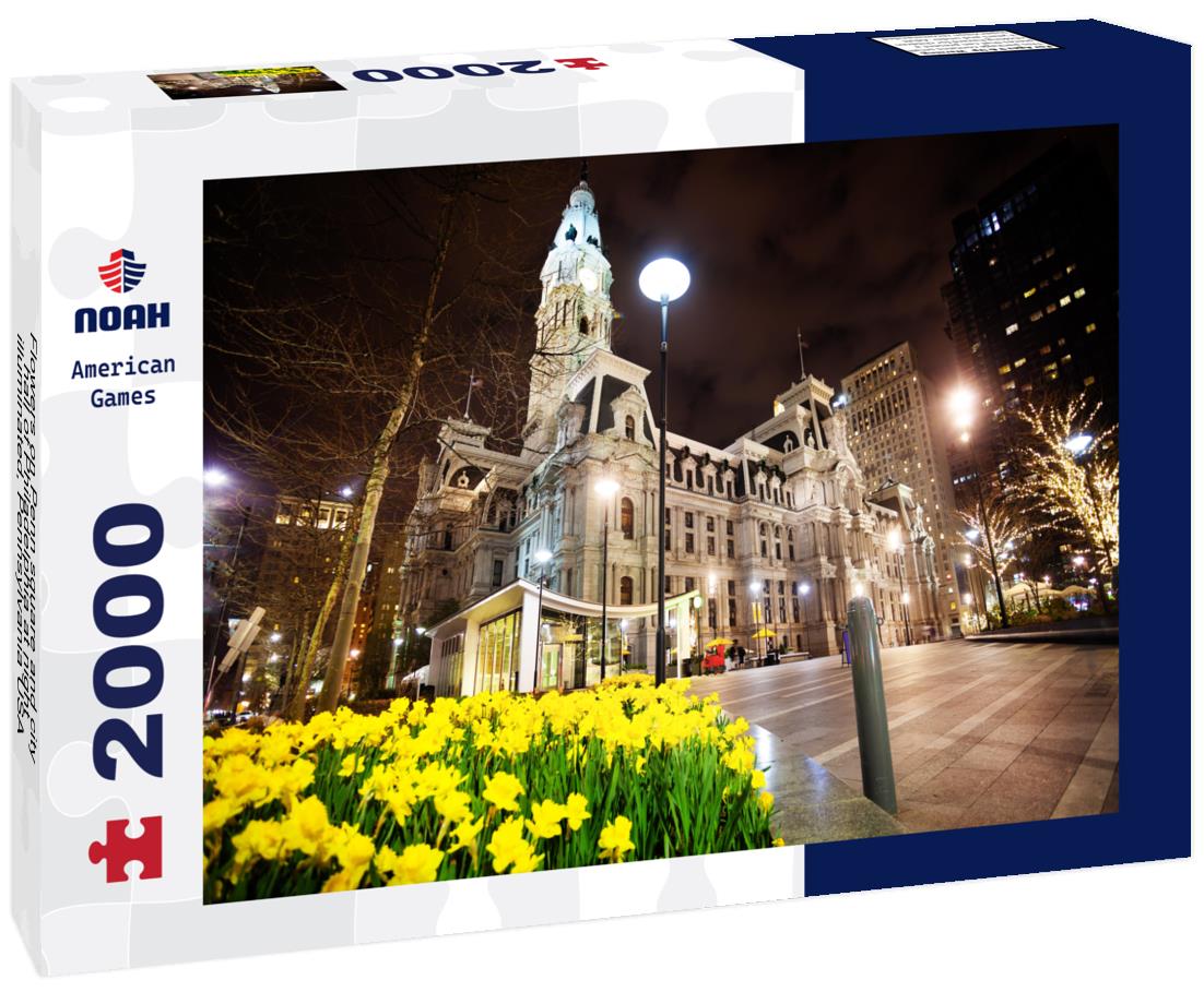Noah Jigsaw Puzzle Flowers on Penn square and city hall of Philadelphia at night, illuminated, Pennsylvania USA 2000 pieces