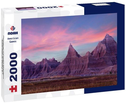 Noah Jigsaw Puzzle Panorama of Eroded Mountains of Badlands National Park, South Dakota, During a Pink Sunset 2000 pieces