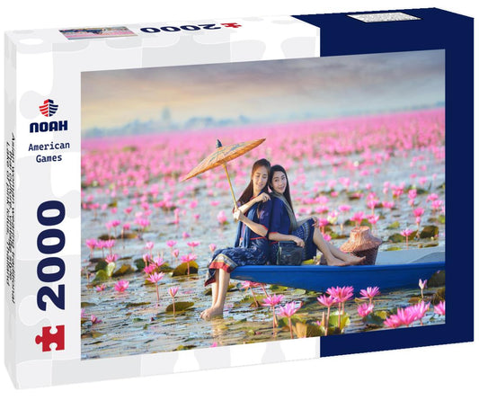 Noah Jigsaw Puzzle Asian woman wearing traditional thai culture, vintage style, Lake of pink lotus, Thailand 2000 pieces