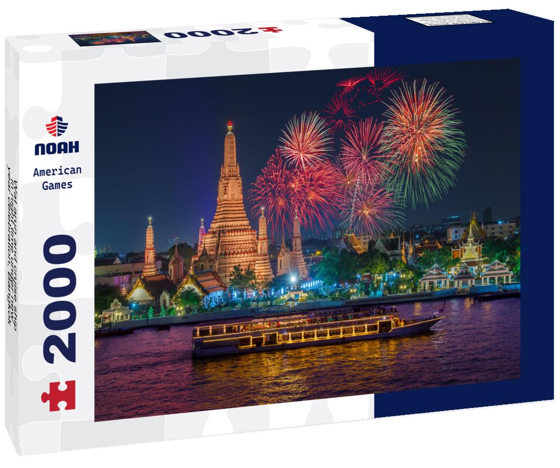 Noah Jigsaw Puzzle Wat arun and cruise ship in night time under new year celebration, Bangkok city,Thailand 2000 pieces
