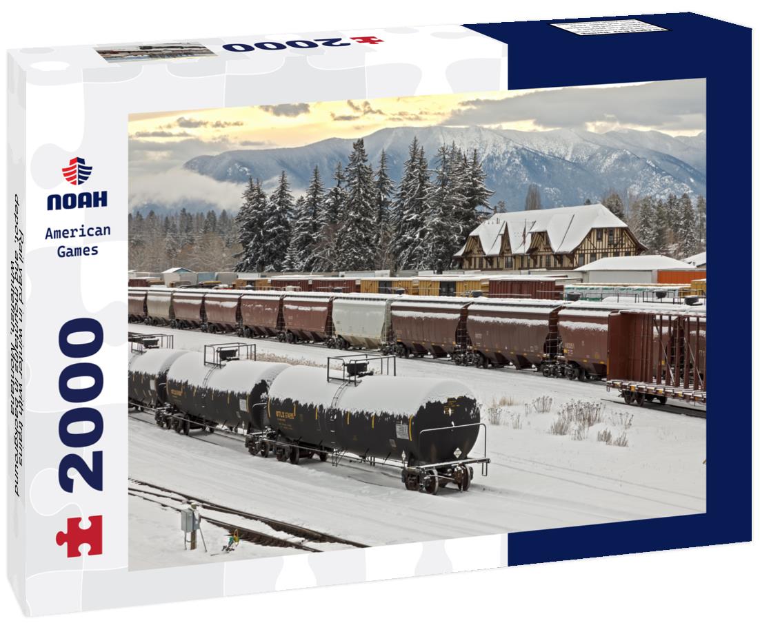 Noah Jigsaw Puzzle Rail yard in winter with trains, depot, and mountains in background, whitefish, Montana 2000 pieces