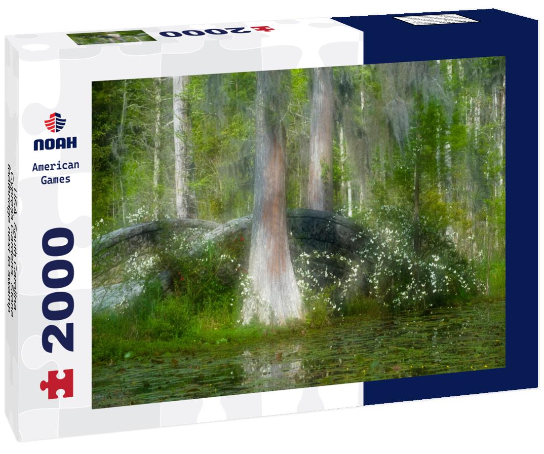 Noah Jigsaw Puzzle USA, South Carolina, Cypress Gardens. Stone footbridge next to swamp and cypress trees 2000 pieces