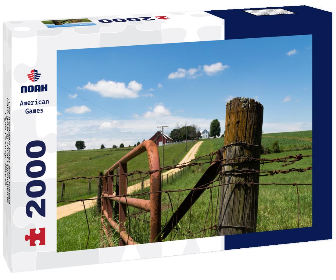 Noah Jigsaw Puzzle Old wooden post and rusted barb wire in rural countryside. Ogle County, Illinois, USA 2000 pieces