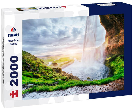 Noah Jigsaw Puzzle Seljalandfoss waterfall at sunset. Bridge over the river. Fantastic nature. Iceland 2000 pieces