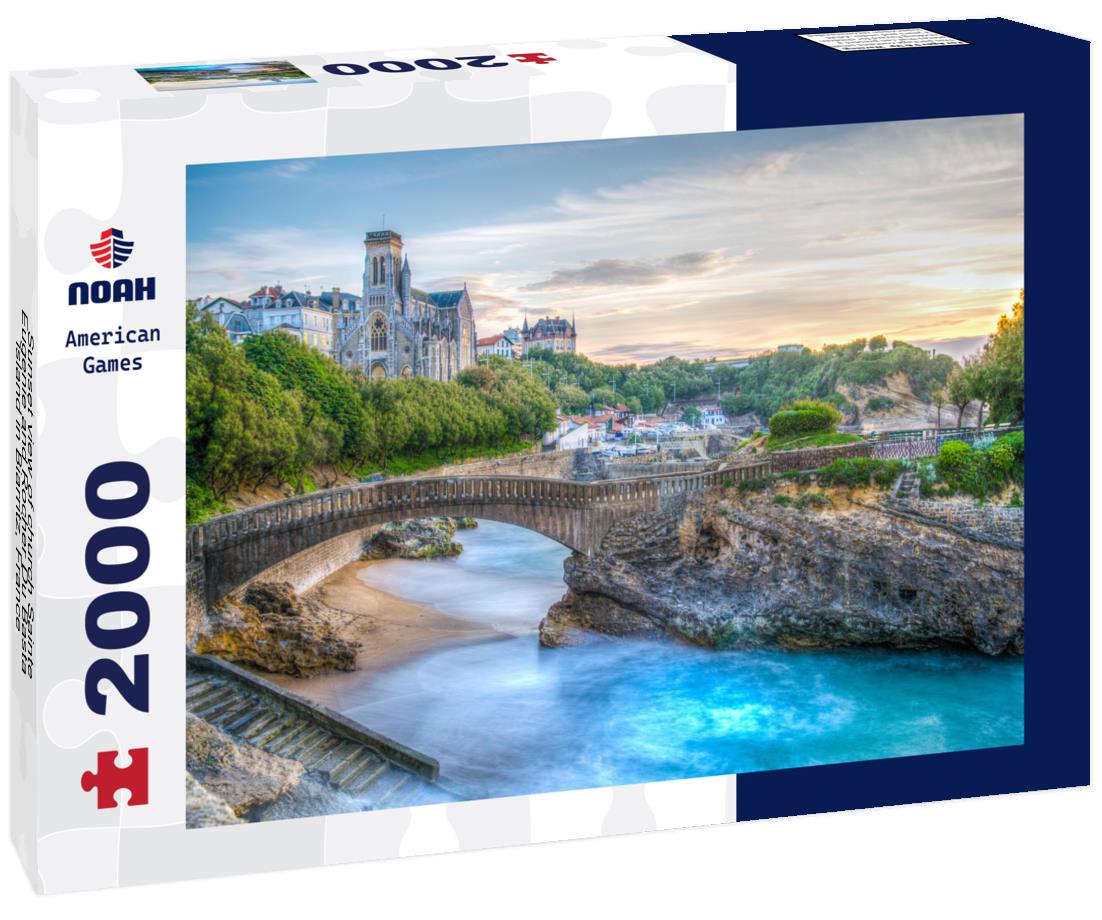 Noah Jigsaw Puzzle Sunset view of church Sainte-Eugenie and Rocher Du Basta island in Biarritz, France 2000 pieces