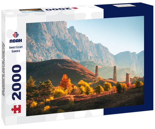 Noah Jigsaw Puzzle Ancient stone tower complex in Erzi National Park in Ingushetia, Caucasus, Russia. Beautiful fall landscape at sunrise 2000 Pieces