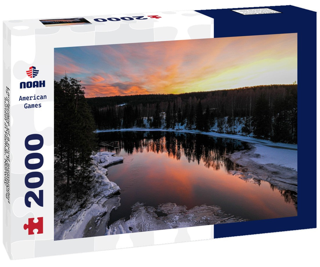 Noah Jigsaw Puzzle Landscape of a pond surrounded by a forest during a breathtaking sunset in Hamar, Norway 2000 Pieces