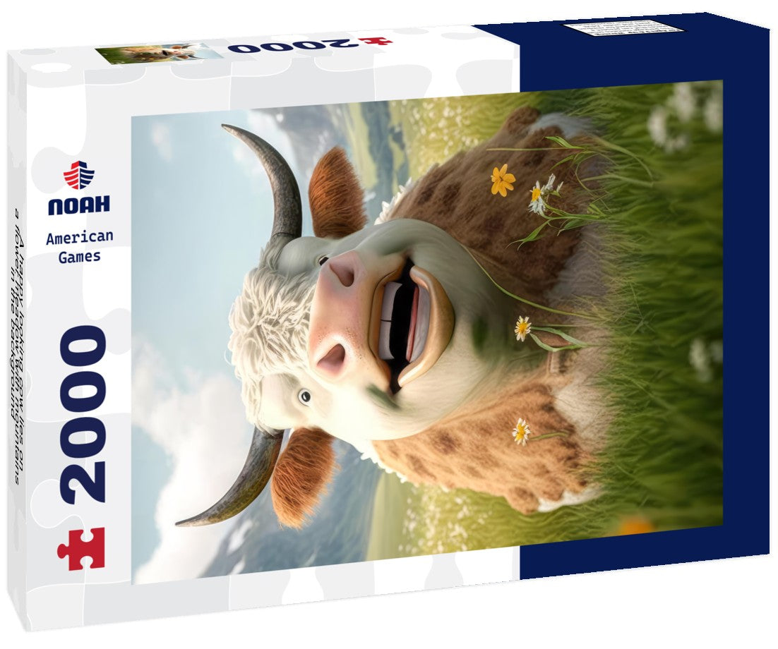 Noah Jigsaw Puzzle A happy looking cow lies on a flower meadow with mountains in the background 2000 Pieces