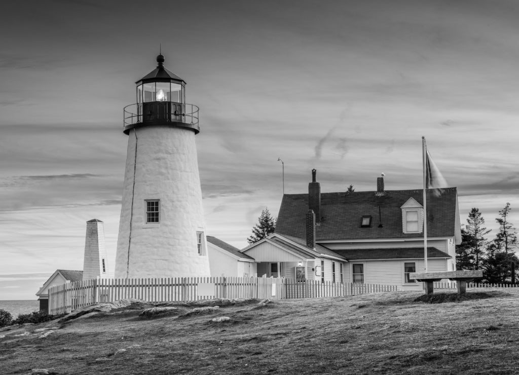 Pemaquid Point Lighthouse, New Harbor Bristol, Maine in black white