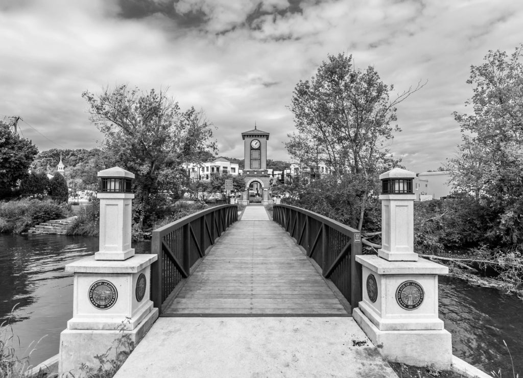 Clock Tower view in Algonquin Town of Illinois in black white