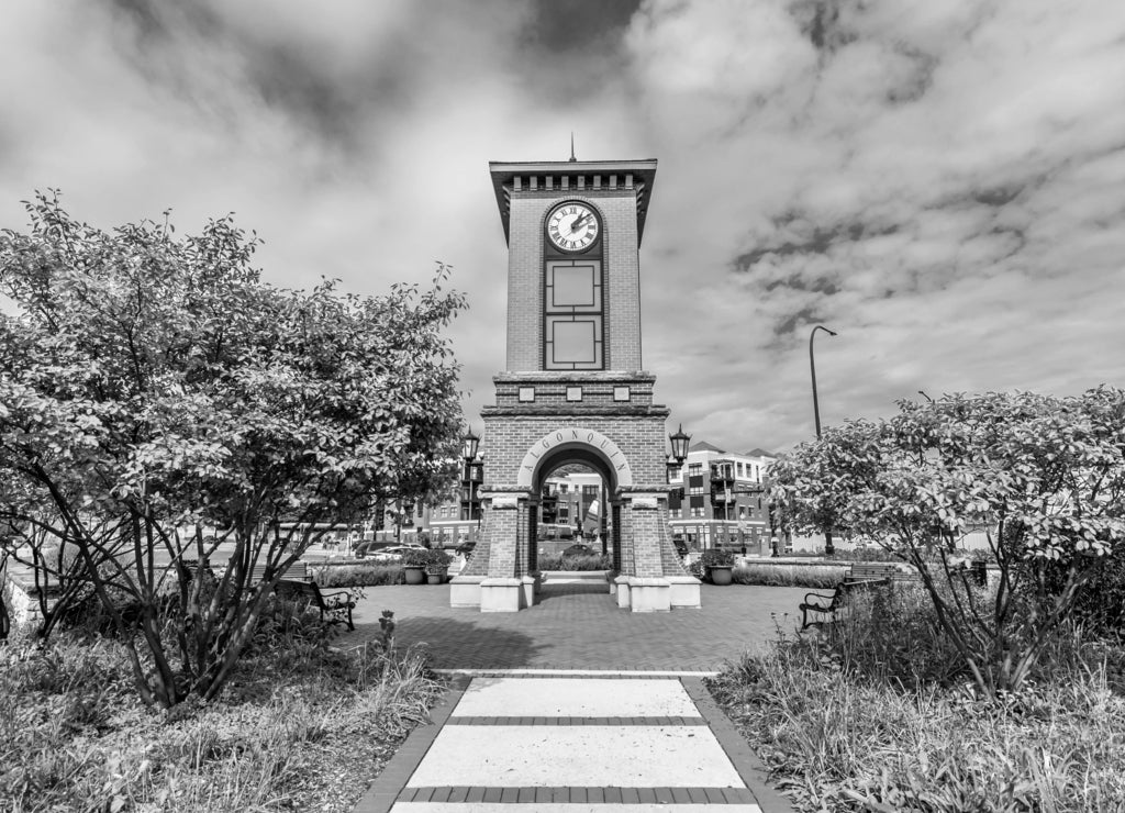 Clock Tower view in Algonquin Town of Illinois in black white