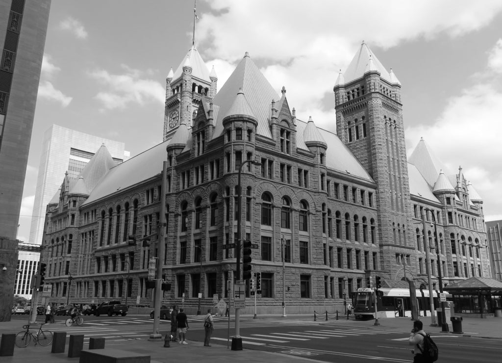 Historic City Hall in Minneapolis, Minnesota in black white