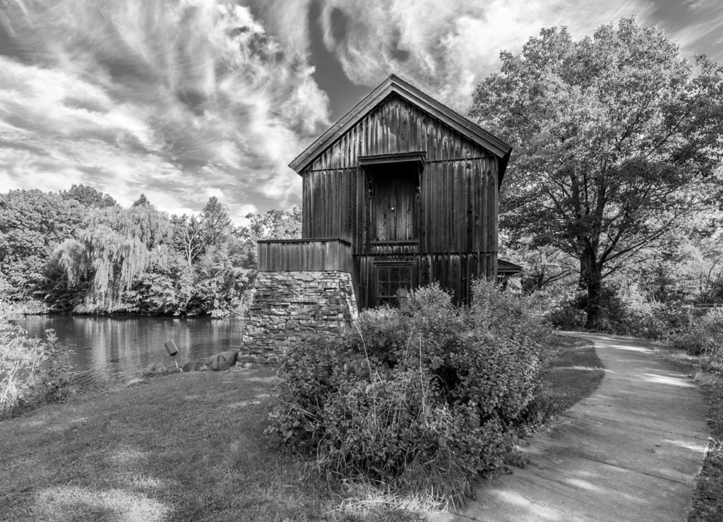 Old Watermill in Midway Village of Rockford Town, Illinois in black white