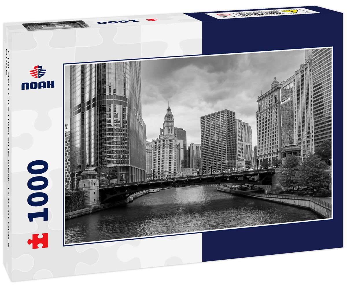 Chicago City riverside view, USA in black white