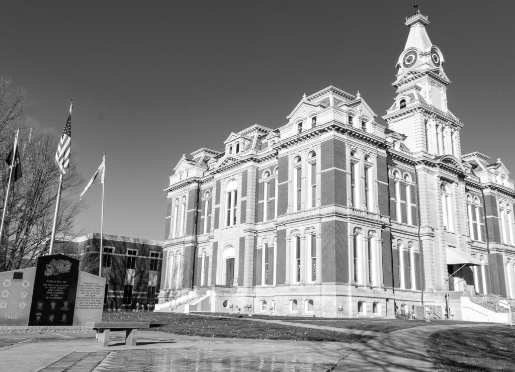 Henry county courthouse in the early morning light. Cambridge, Illinois in black white