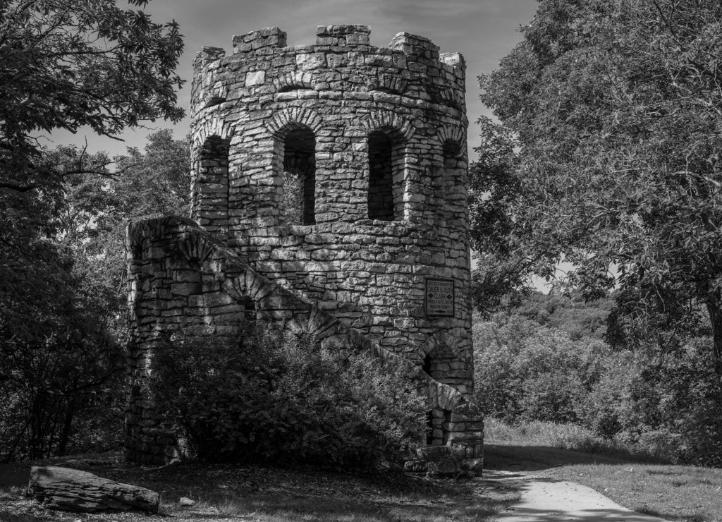 Clark tower, Winterset, Iowa in black white