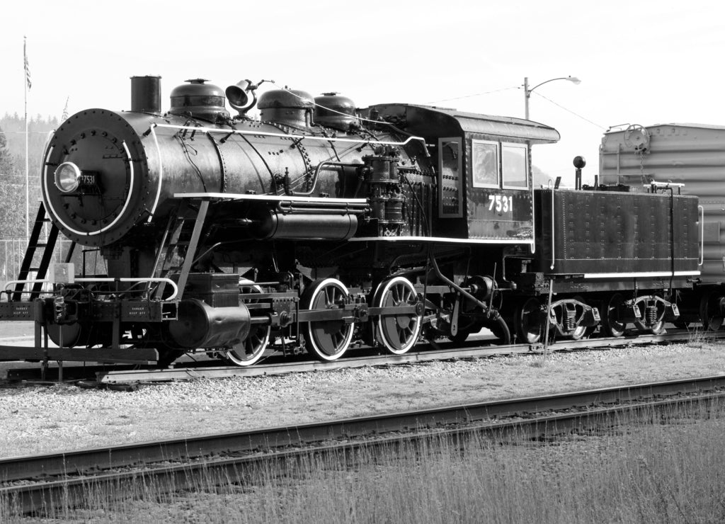 steam locomotive in Railroad Museum, Gorham, New Hampshire, USA in black white