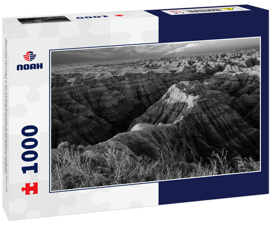 Mesmerizing view of Badlands National Park in South Dakota during a beautiful sunset in black white