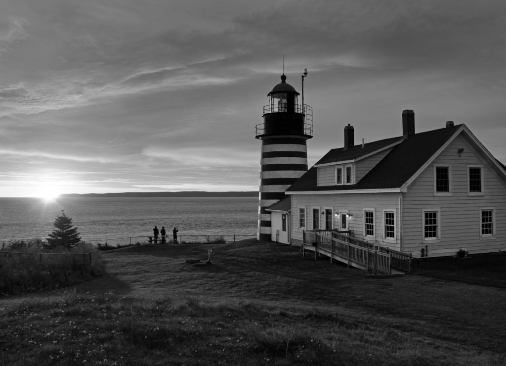 Sunrise West Quoddy Head Lighthouse, Lubec, Maine in black white