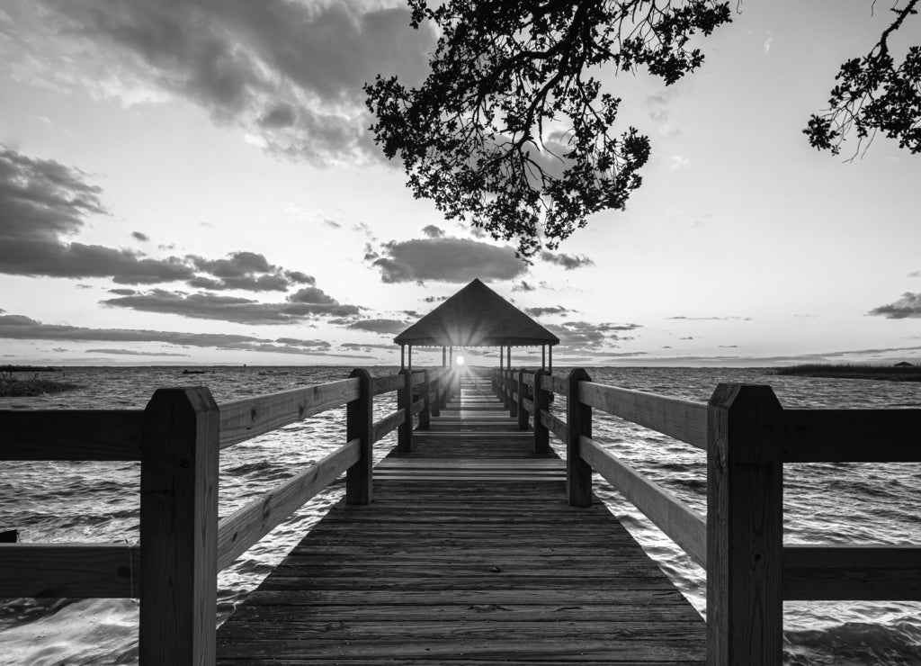 Sunset view from Historic Corolla Park in Corolla , North Carolina in black white