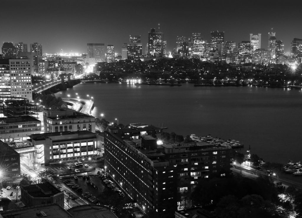 Back Bay and Cambridge Massachusetts Overcast Night Wide in black white