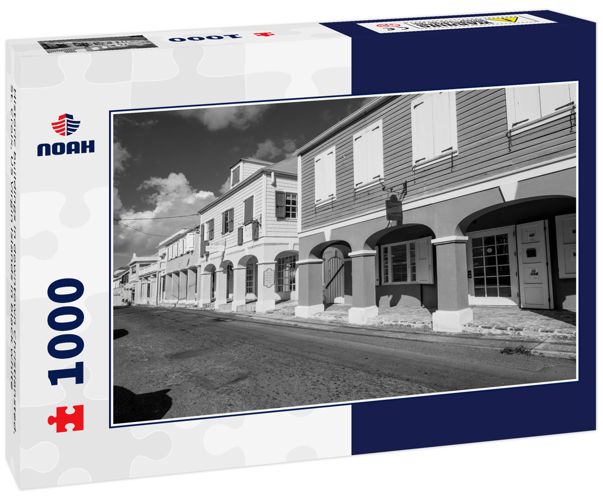 Historic buildings in downtown Christiansted, St. Croix, US Virgin Islands in black white