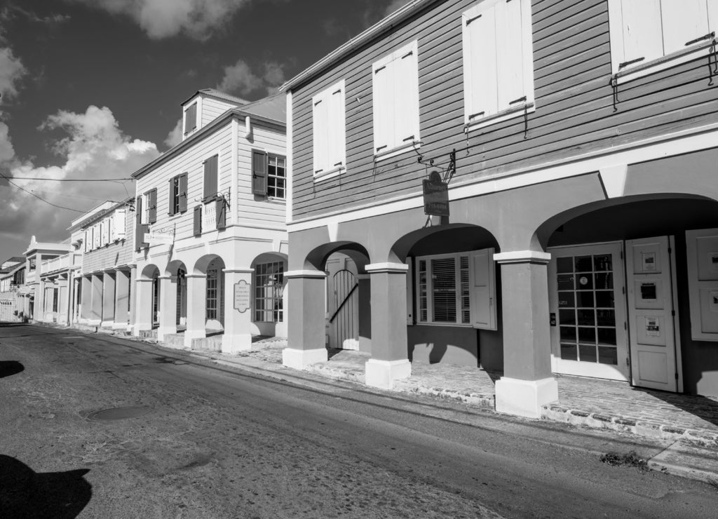 Historic buildings in downtown Christiansted, St. Croix, US Virgin Islands in black white