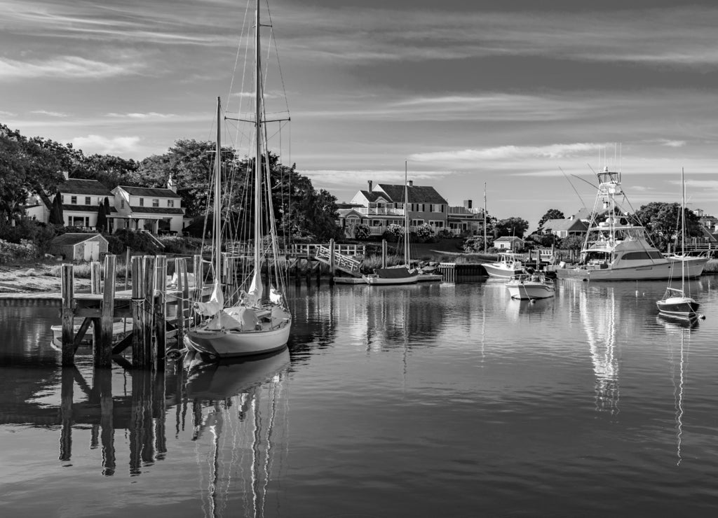 Massachusetts-Cape Cod-Harwich-Wychmere Harbor in black white