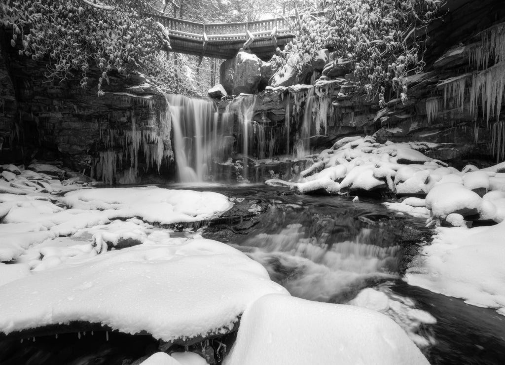 A wintery scene at Elakala Falls in West Virginia under soft afternoon light in black white