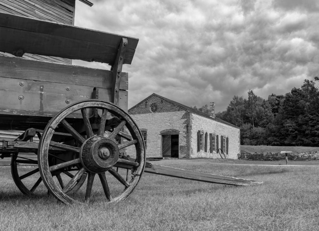 Old Fashioned Wagon, Fayette Historic State Park, Michigan in black white
