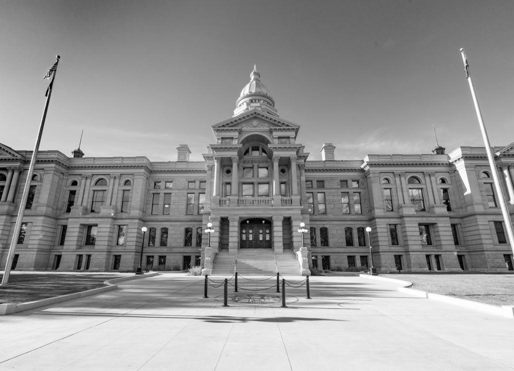 Exterior of the Wyoming State Capitol Building in Cheyenne in black white