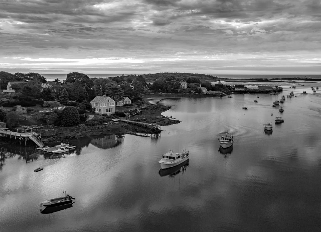 Cape Porpoise Harbor, Maine in black white