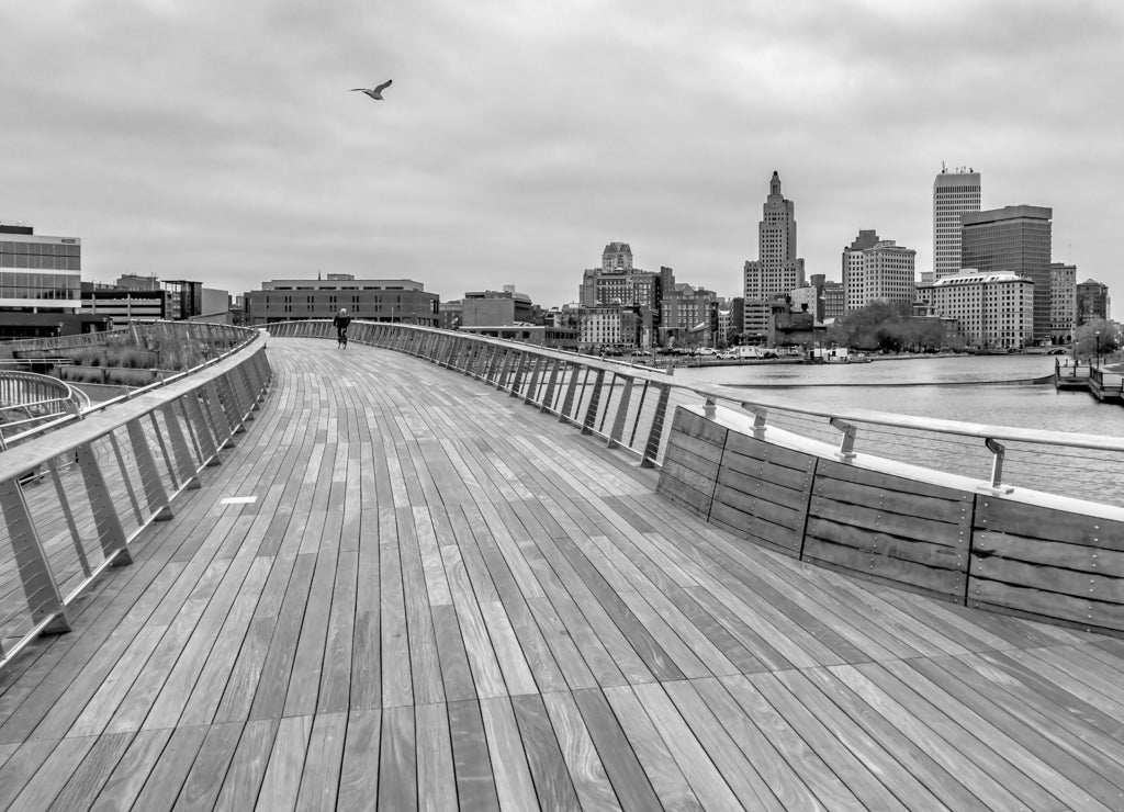 Providence rhode island skyline on a cloudy gloomy day in black white