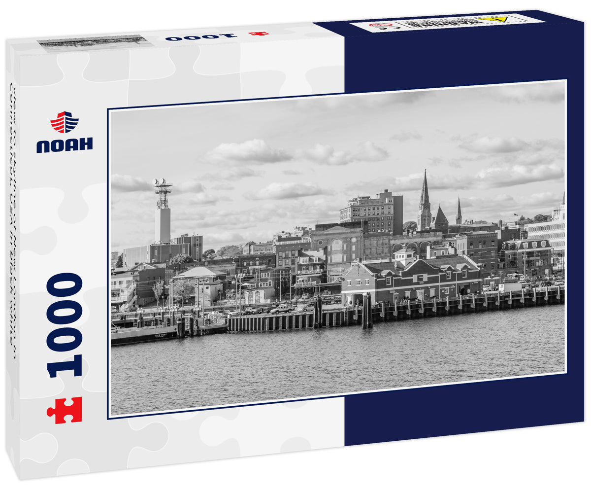 view to skyline of New London in Connecticut, USA in black white