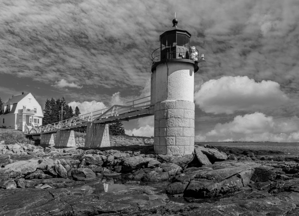 Marshall Point Light, Port Clyde Harbor Maine in black white