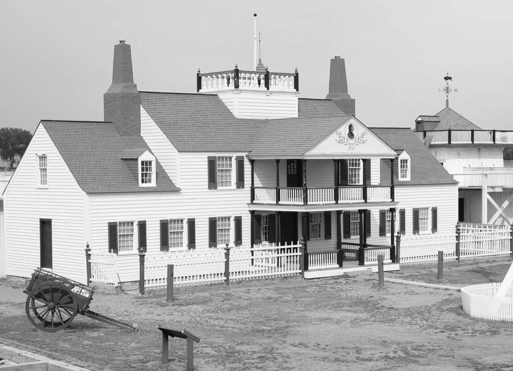 Historic Bourgeois House in Fort Union Trading Post National Historical Site, North Dakota, USA, build 19th century in black white