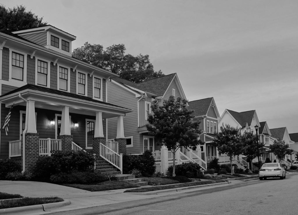 New homes on a quiet street in RaleighNorth Carolina in black white