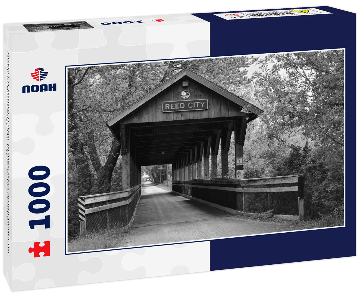 Covered wooden foot bridge over small peaceful creek in Reed City, Michigan in black white