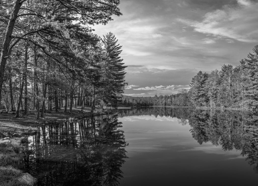 Early morning at Stony Lake in Stokes State Forest New Jersey in black white