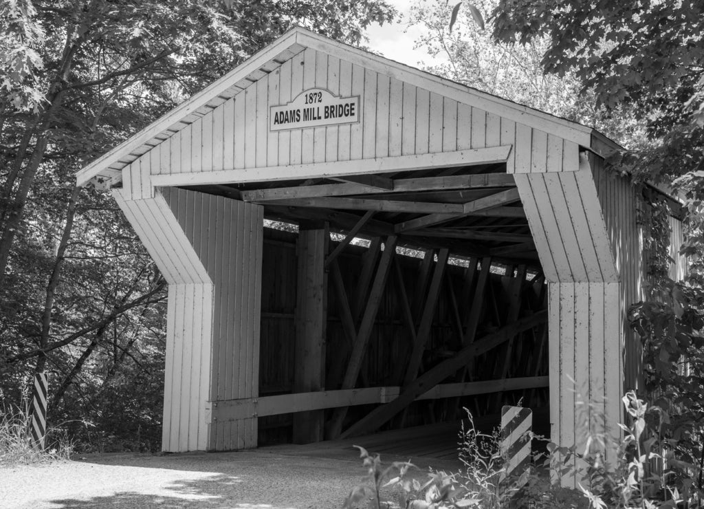 Adams Mill Covered Bridge, Cutler, Carroll County, Indiana in black white