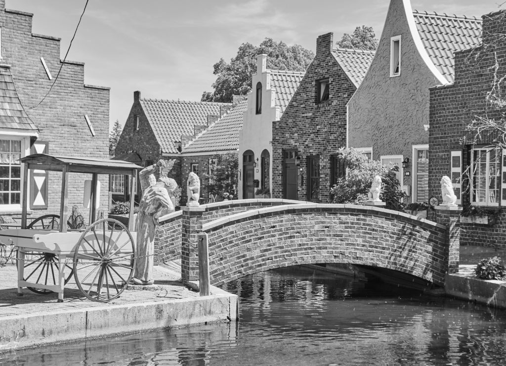 Dutch Village in Holland, Michigan in black white