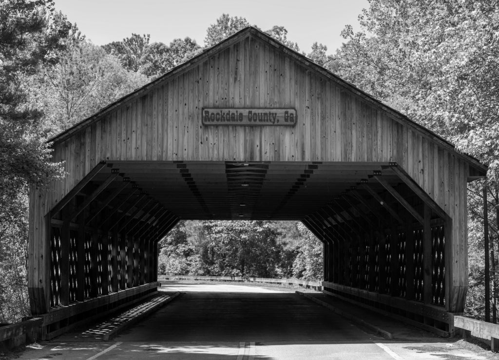 Covered Bridge in Conyers, Georgia in black white