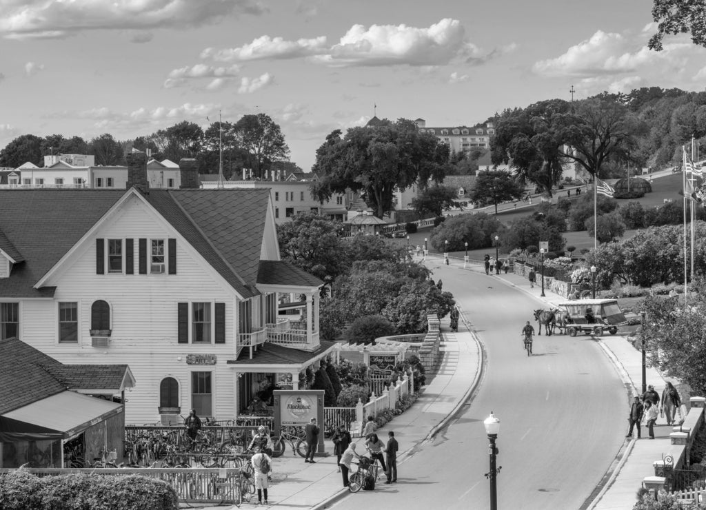 Mackinac Island Michigan - Main Street in black white