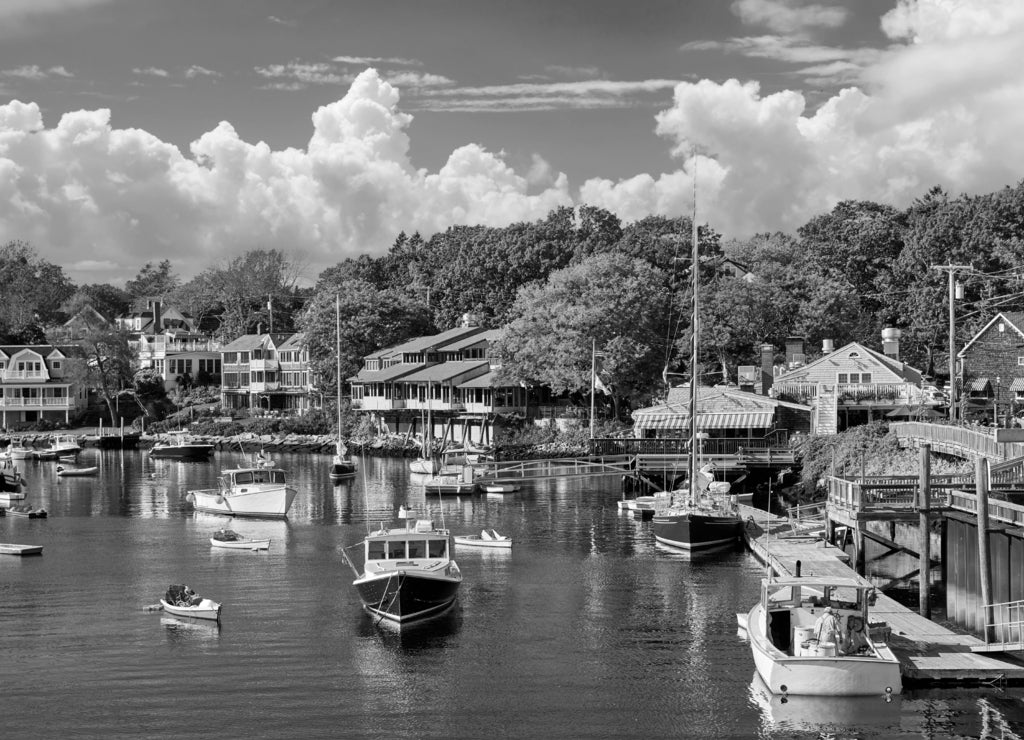 Fishing boats docked in Perkins Cove, Ogunquit Maine in black white