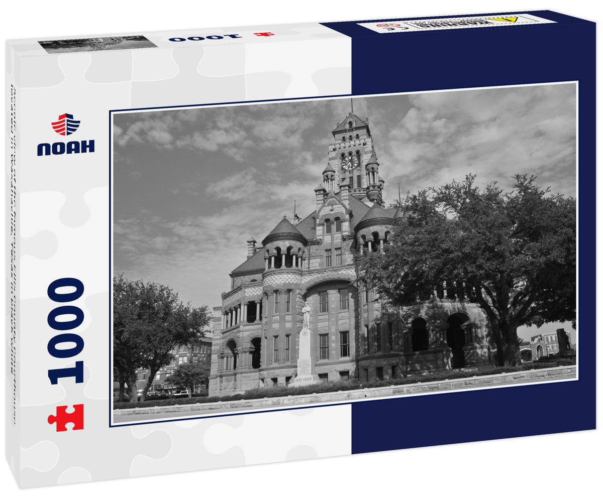 Scenic view of the famous Ellis County Courthouse located in Waxahachie, Texas in black white