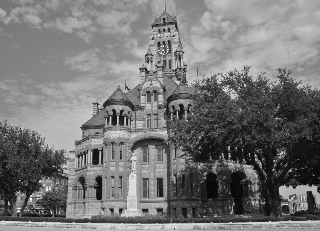 Scenic view of the famous Ellis County Courthouse located in Waxahachie, Texas in black white
