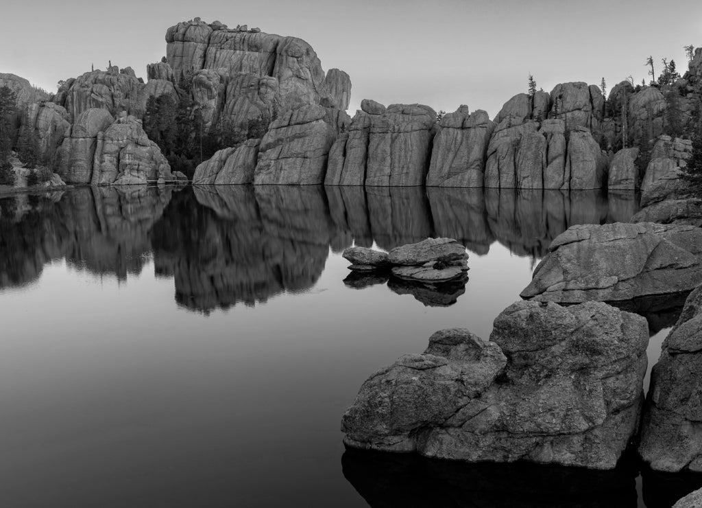 Sylvan Lake Reflection, South Dakota in black white