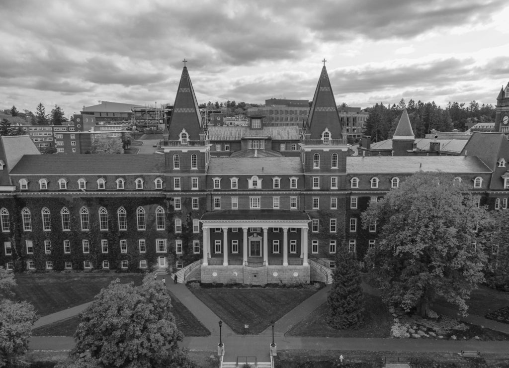 Fenwick Hall aerial view in College of the Holy Cross, Worcester Massachusetts in black white