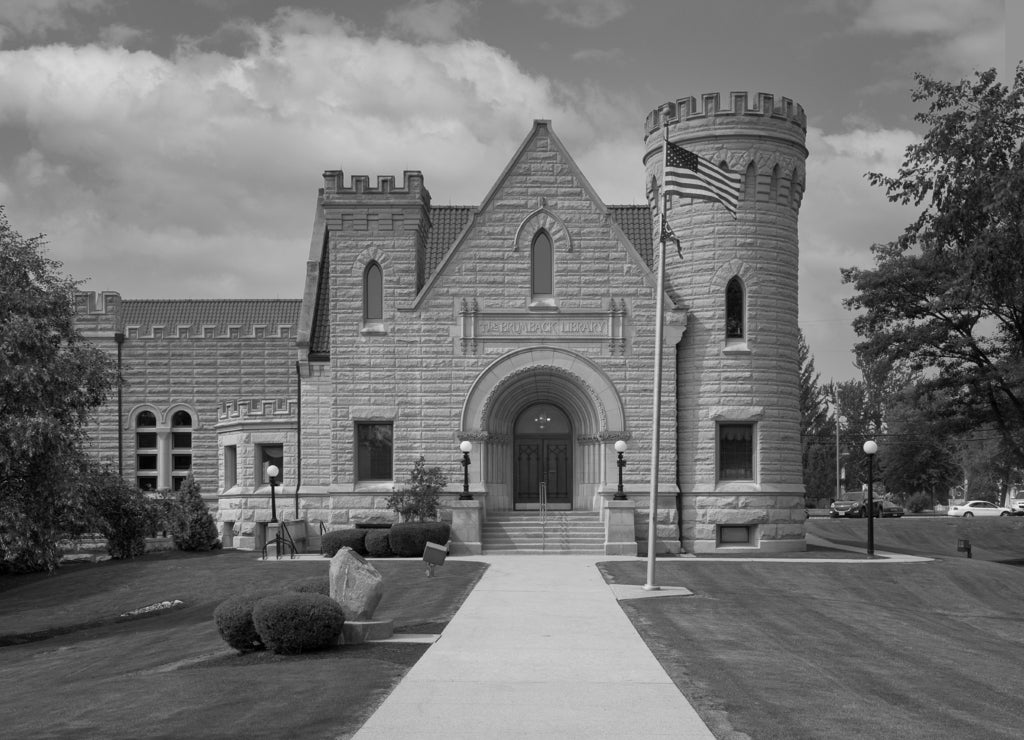 Historic Brumback Library in Van Wert, Ohio in black white