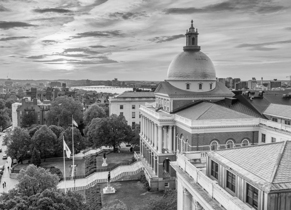 Boston, Massachusetts, USA cityscape with the State House in black white